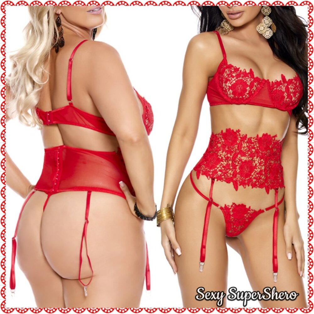 🆕❤️Ravish-Me-Red Embroidered Lace & Mesh Sexy 3 PC Lingerie Set w Waist Cincher